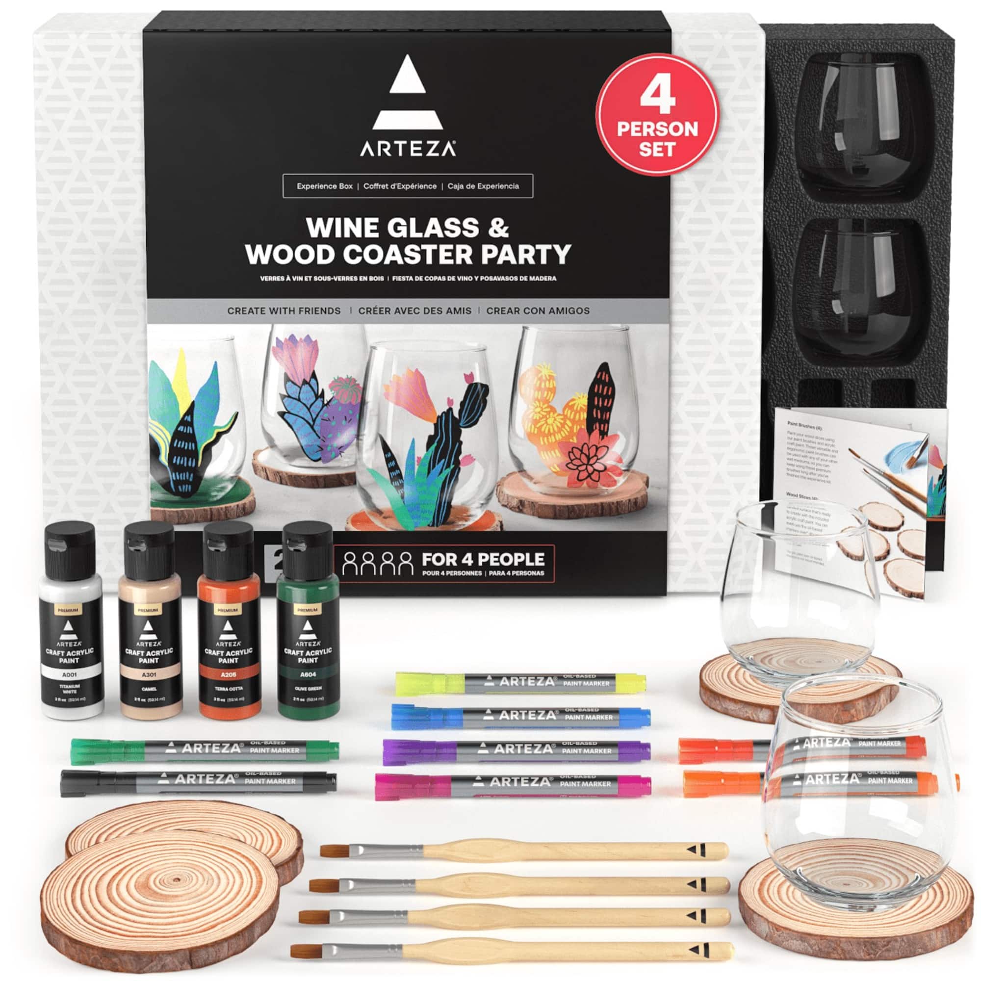 Arteza® Experience Box 25 Piece Wine Glass & Wood Coaster Party Kit
